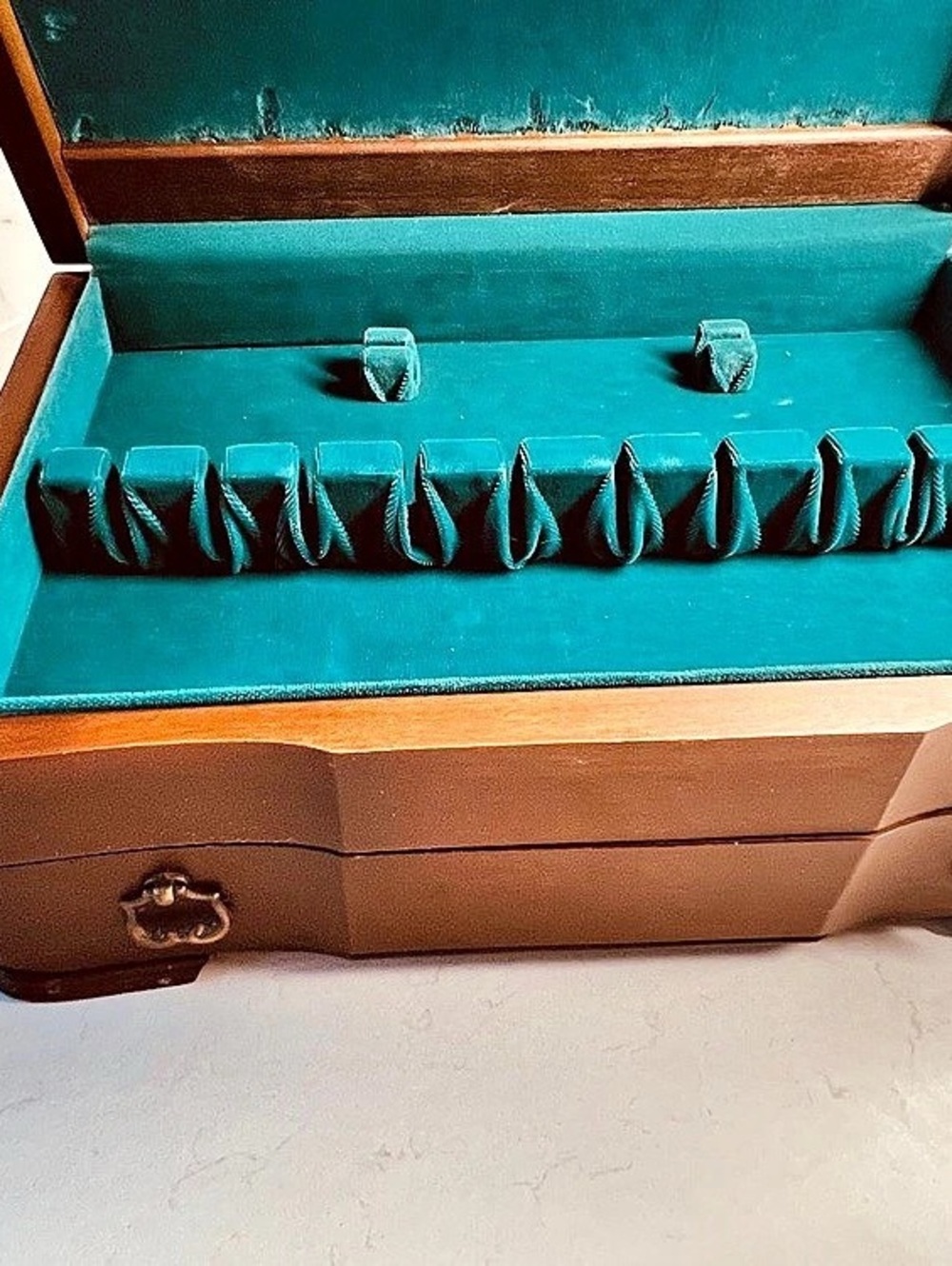 Vintage Wood flatware chest with beautiful teal lining